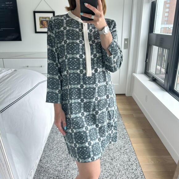 J. Crew Medallion Geometric 3/4 Sleeve Shift Dress Green White Size 8 - Picture 3 of 8